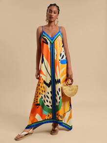 Travachic Women's V-Neck Asymmetrical Hem Placement Print Vacation Dress,Sun Dress
