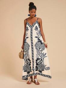 Travachic Women's Casual Holiday Tropical Print Spaghetti Strap Dress