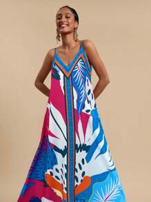 Travachic Women's Casual Holiday Tropical Print Spaghetti Strap Dress