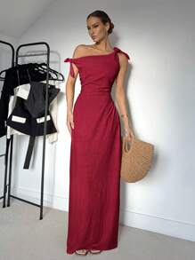 Siren Gaze Women's Summer Solid Color Asymmetric Neck Ruched Elegant Dress